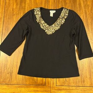 Coldwater Creek Women’s 3/4 Sleeve Top- Black with gold- Size Large